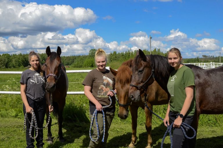Teamjuniorsen Minttu Ekman (vas), Sofia Poikola ja Inari Lindgrén haluavat tarjota leiriläisille kiireettömän, hauskan ja turvallisen tallipäivän. Päiväleirit jatkuvat syksyllä.